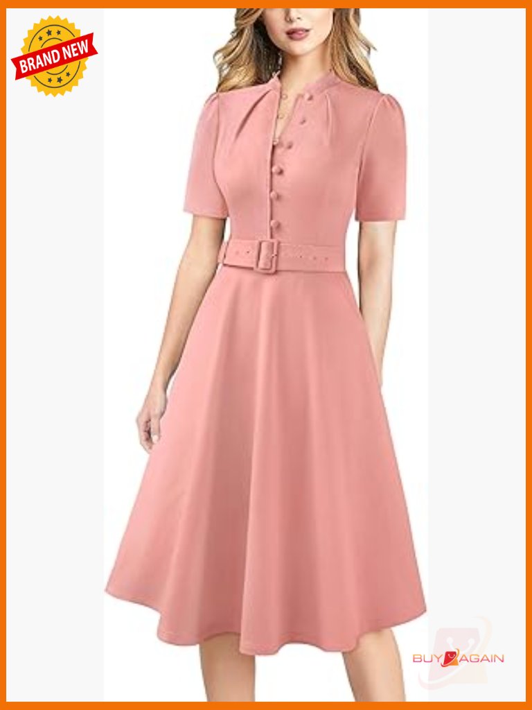Womens Business Work Office Belted Button Fit And Flare A-Line Dress